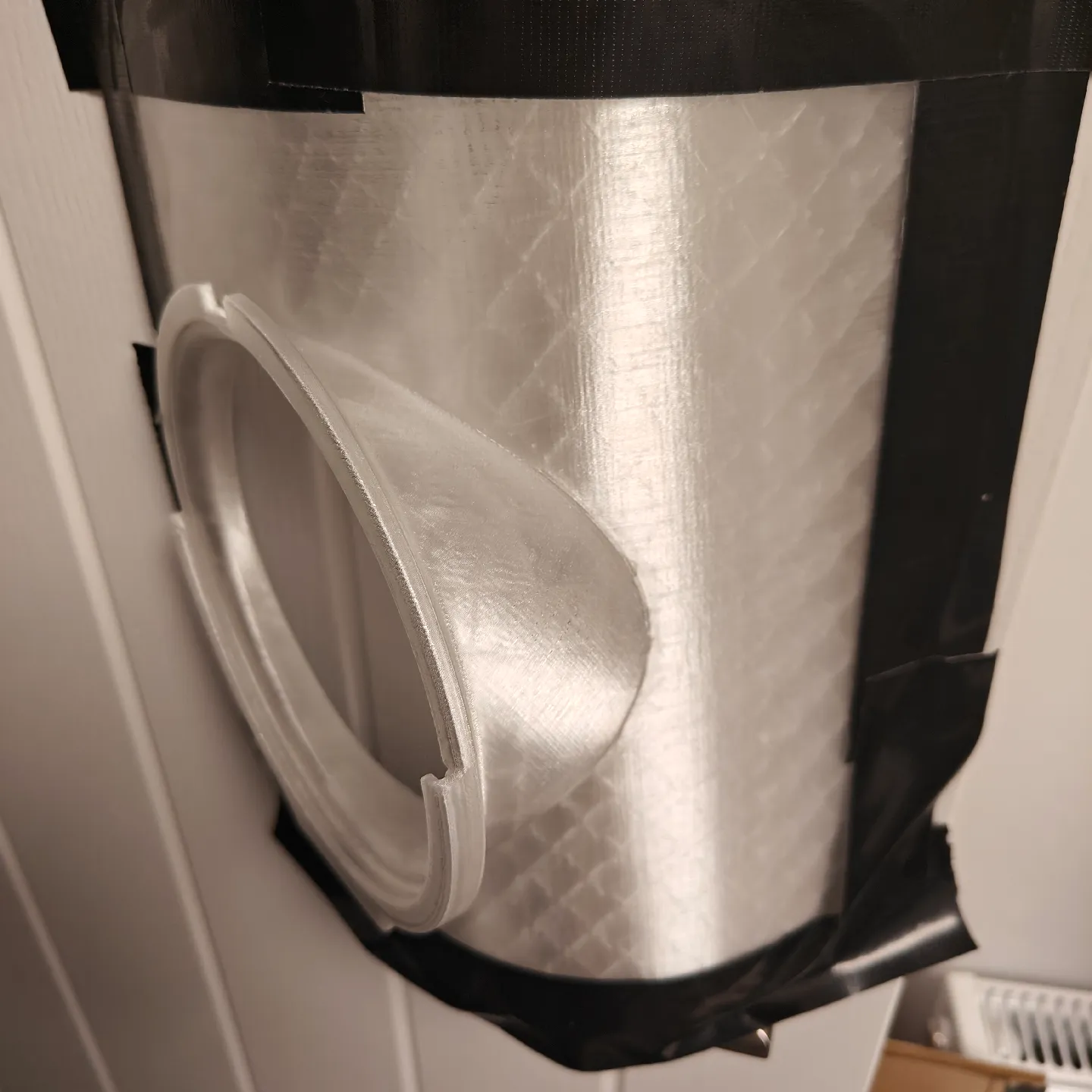 Installed dual-hose adapter on a Blyss A018I portable air conditioner, photo by designer Jamie Turner