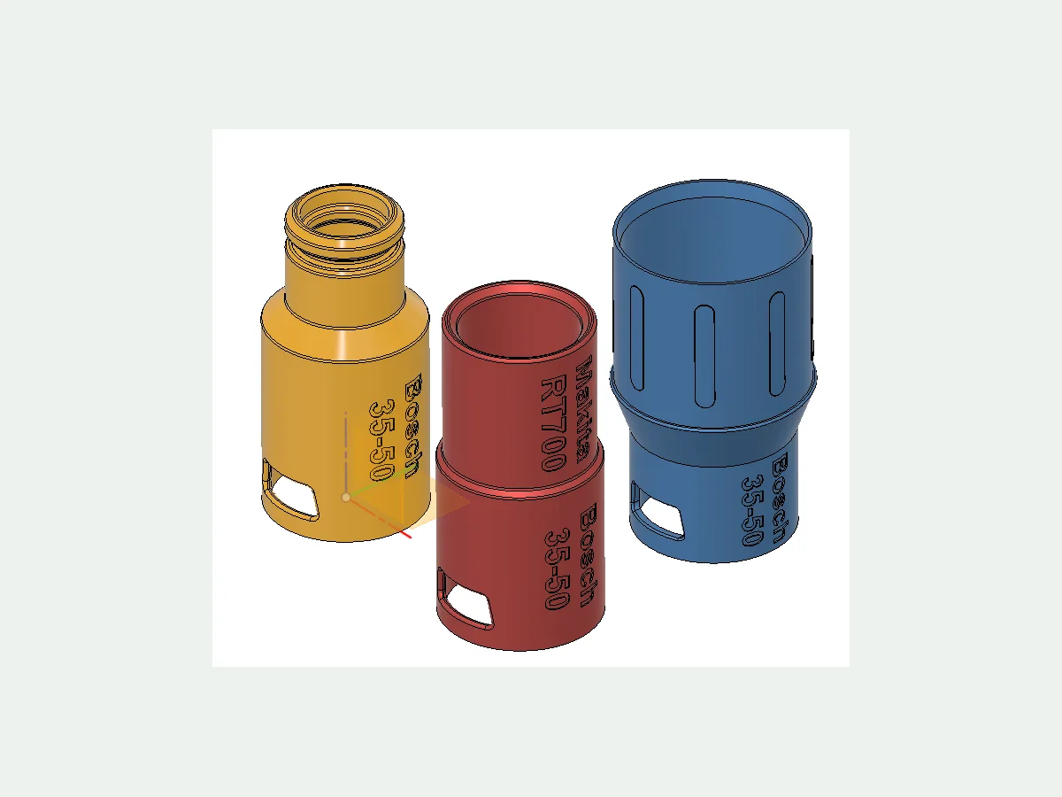 Three colour-coded CAD renders of Bosch 35 to 50 millimetre vacuum adapters