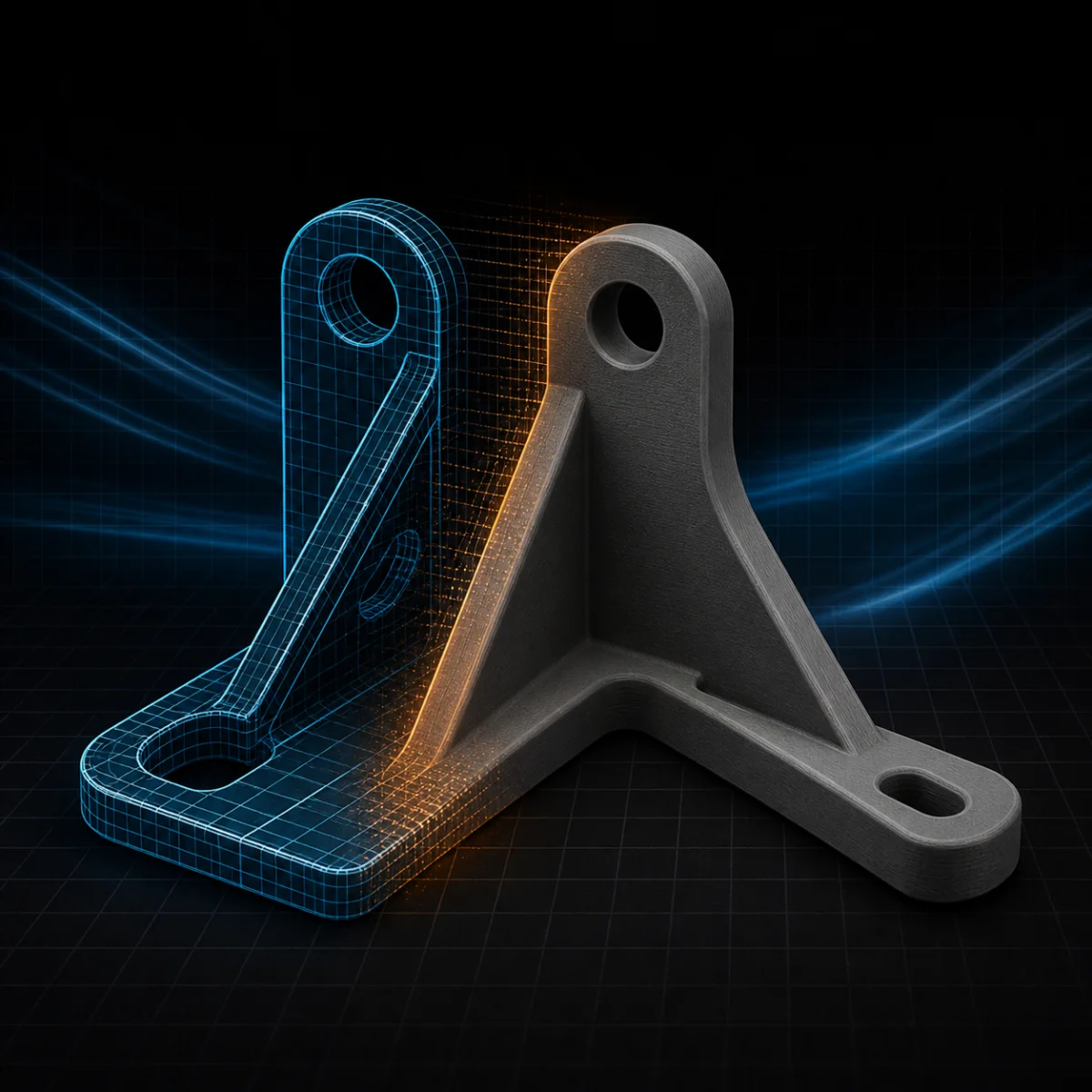 CAD model becoming a finished 3D printed replacement bracket