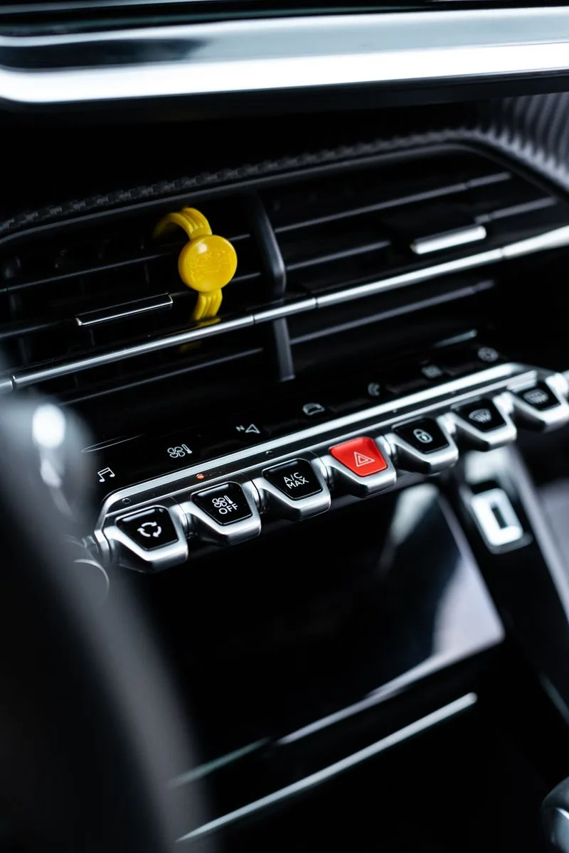 Close-up of a car dashboard air vent, vent clip and physical control buttons