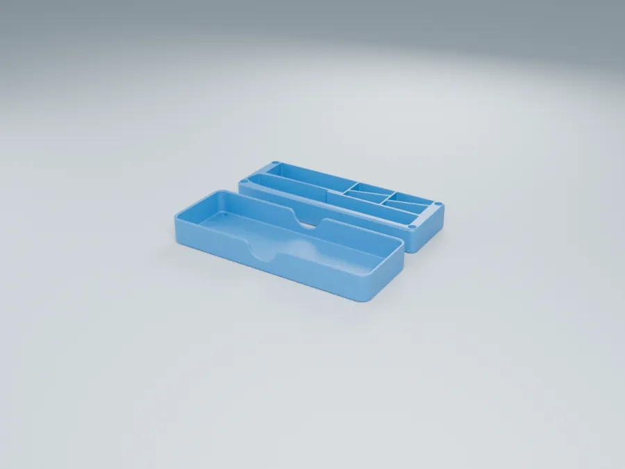 Render of the flat travel case in blue PETG
