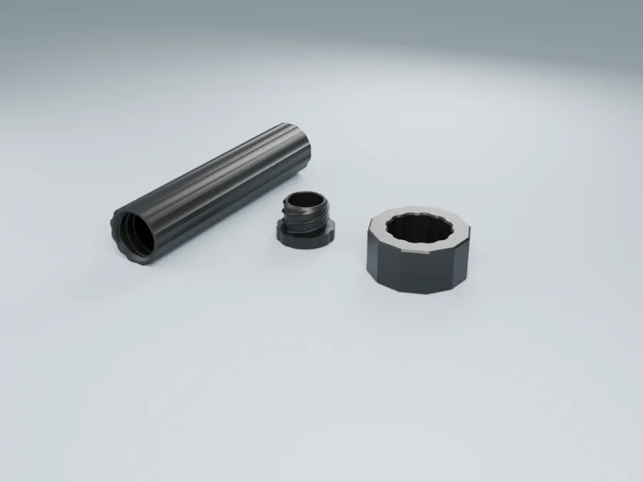 Render of the travel tube and fridge stand in black PETG
