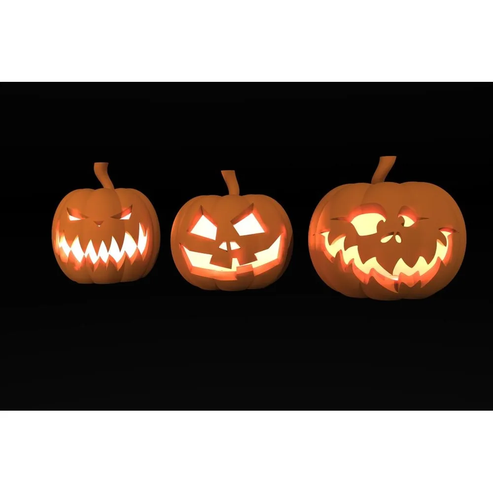 Three illuminated 3D printed Halloween pumpkin lanterns