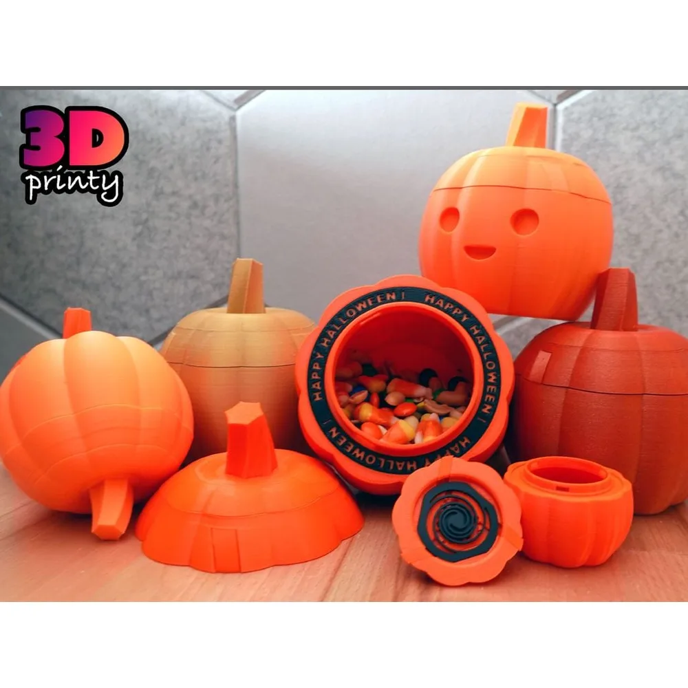 Orange 3D printed pumpkin box with a hidden twist-lock lid