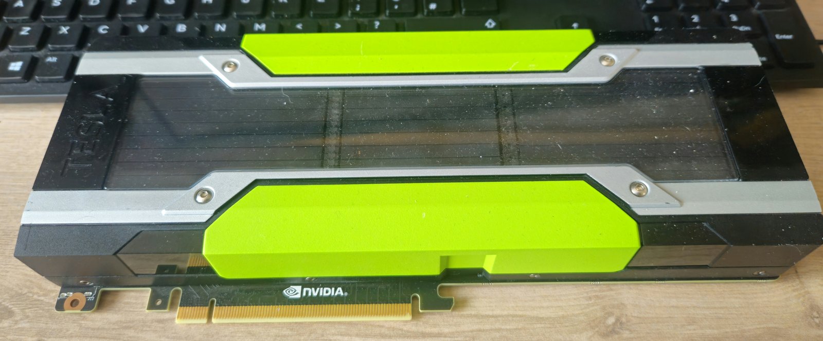 Tesla M40 as received — green shroud, full-height dual-slot card