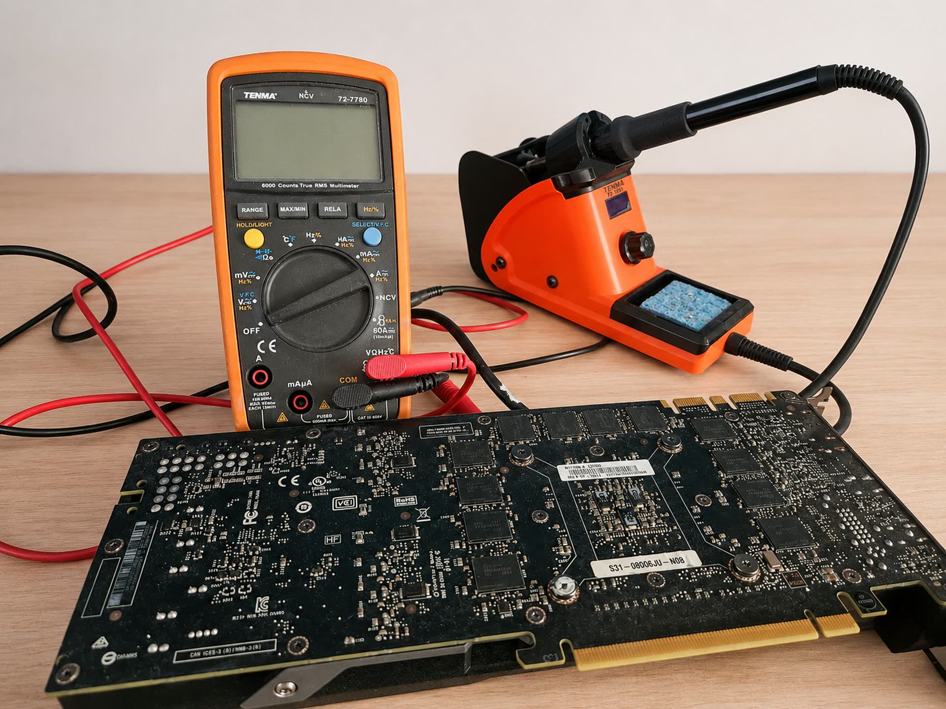 Electronics diagnostic equipment and a circuit board on the Hark Tech workshop bench