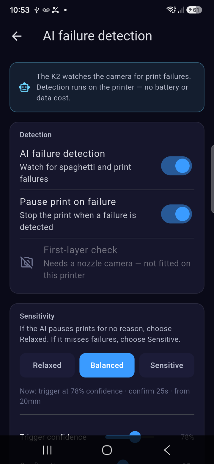 AI print-failure detection settings in K2 Companion