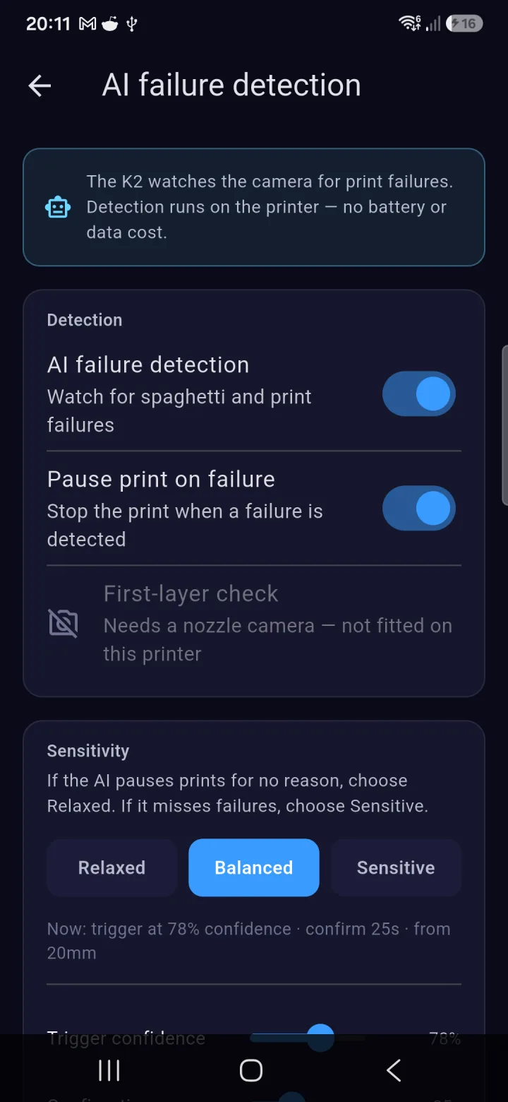 AI print-failure detection settings in K2 Companion with sensitivity presets and sliders