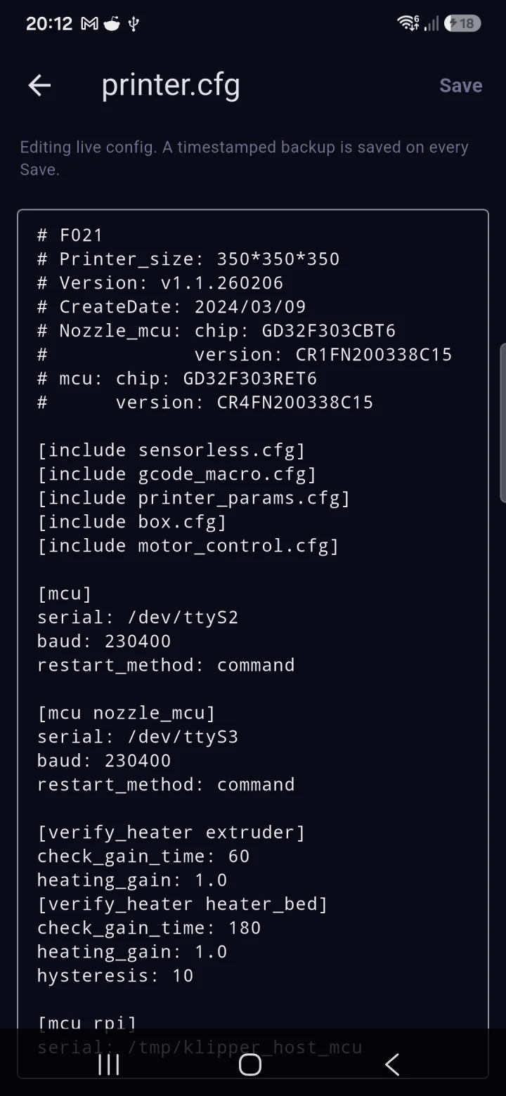 Editing printer.cfg on a Creality K2 with the K2 Companion Klipper config editor