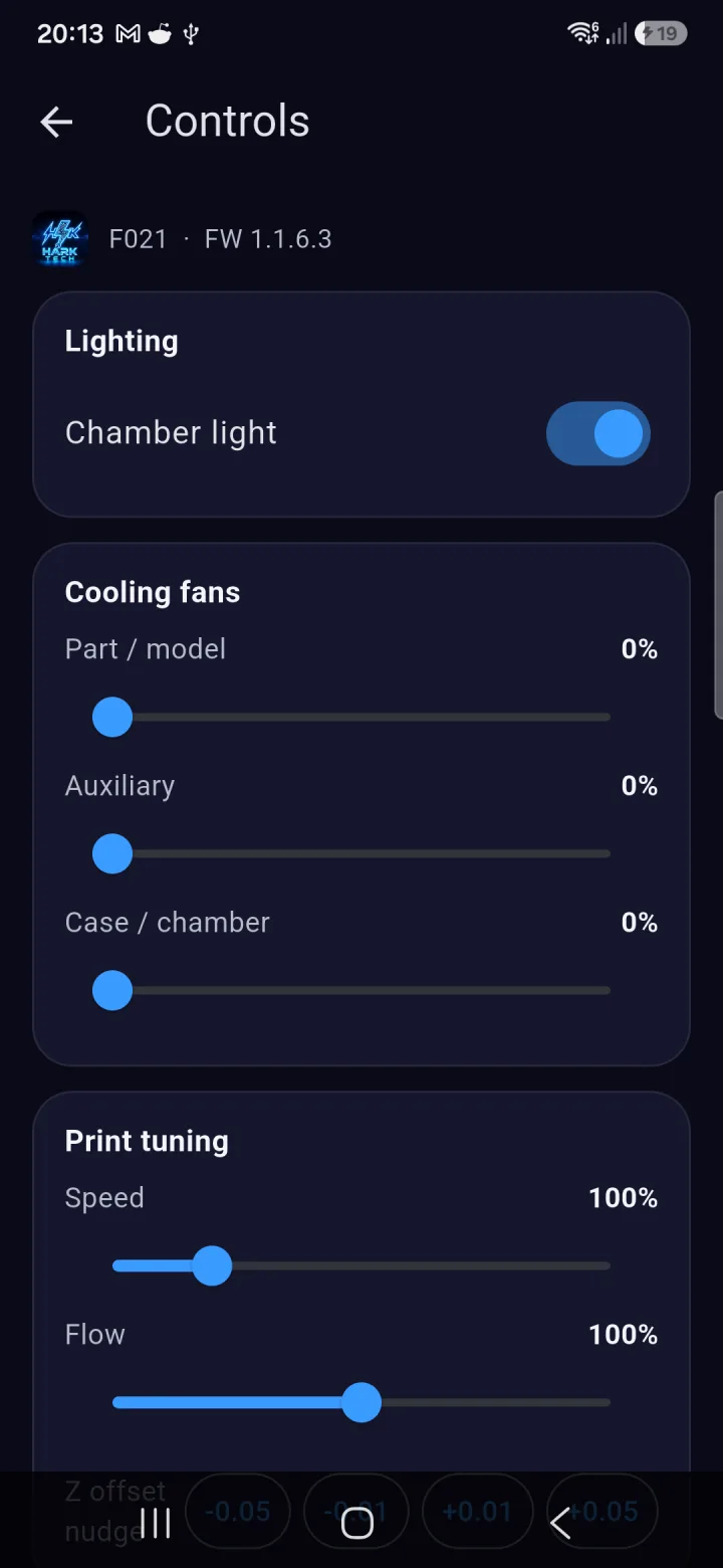 Remote controls for the Creality K2 in K2 Companion: chamber light, cooling fans, speed and flow