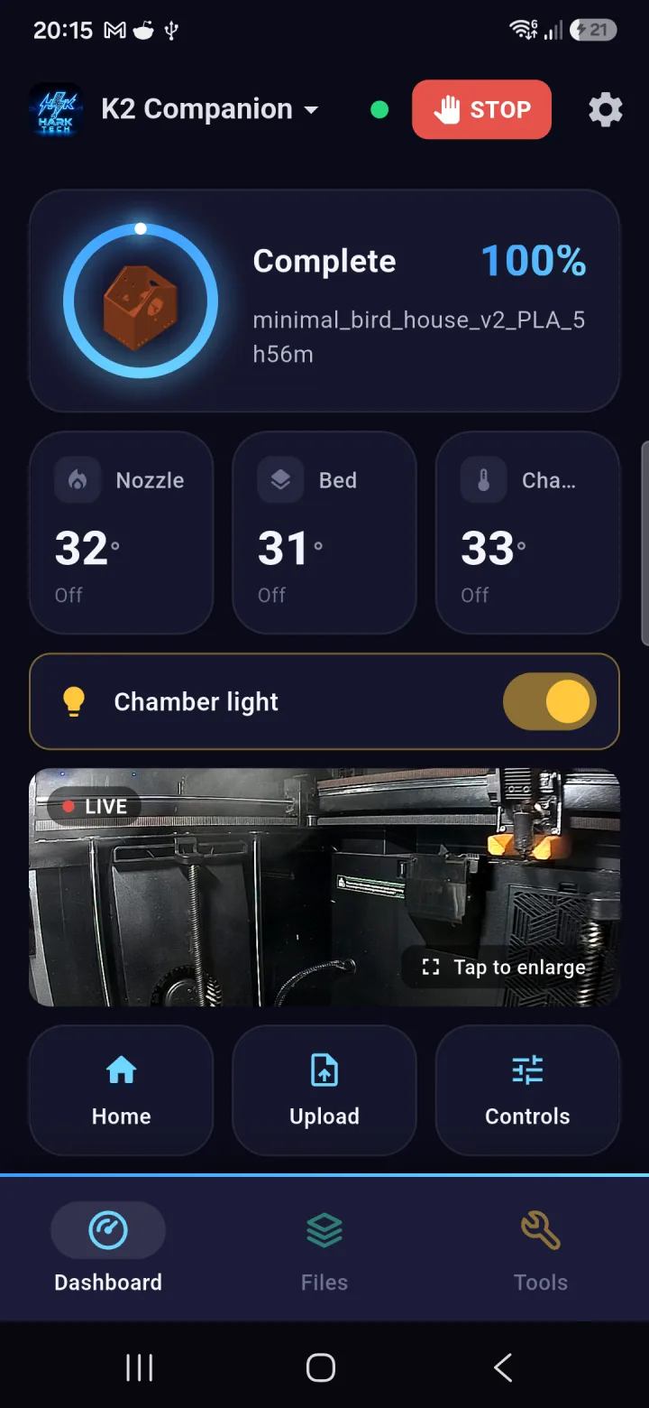 K2 Companion dashboard showing a Creality K2 print, temperatures, chamber light and live camera