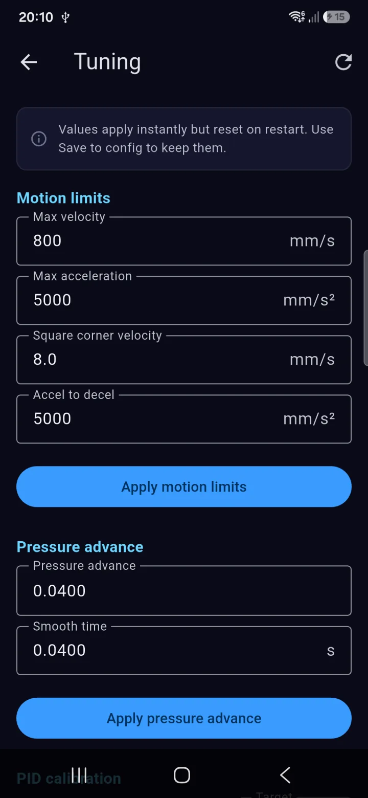 Live Klipper tuning in K2 Companion: motion limits, pressure advance and PID calibration