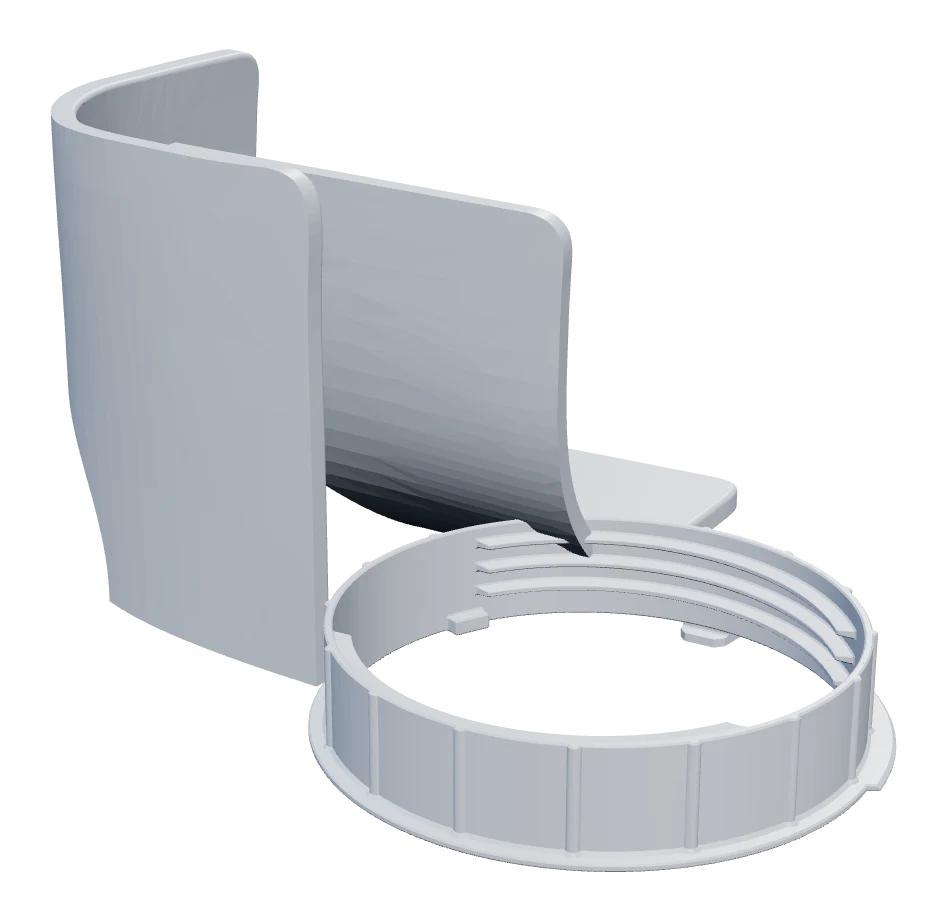3D render of the printed rear intake backplate and threaded hose ring for the Blyss A018I-12CH