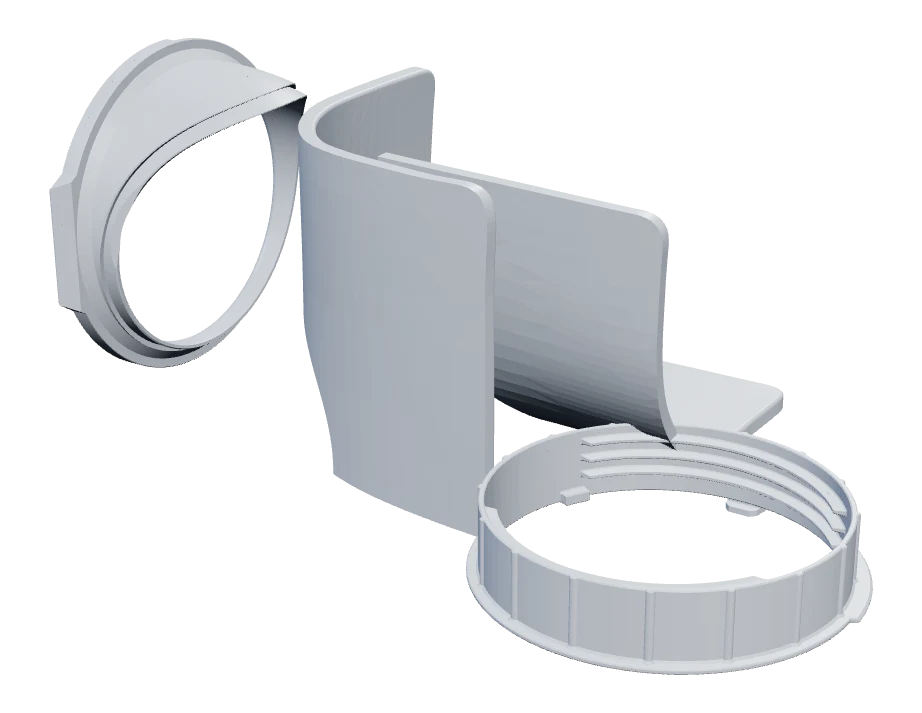 All printed parts of the Blyss A018I-12CH dual-hose conversion kit: hose adapter, rear intake backplate and threaded hose ring
