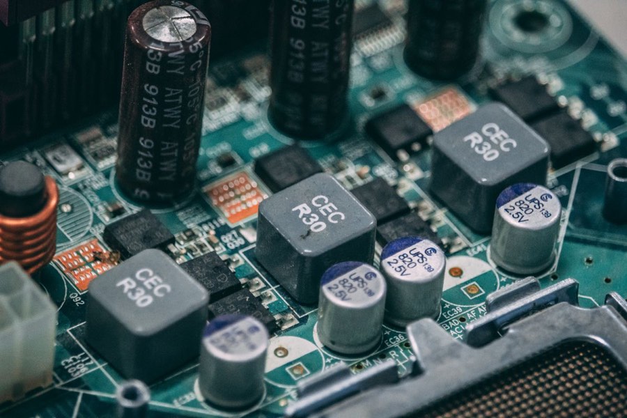 Fresh capacitors fitted on a clean circuit board