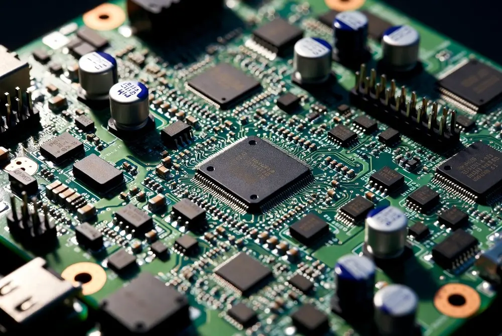 Close-up of a circuit board with surface-mount ICs, capacitors and connectors — typical board-level repair work