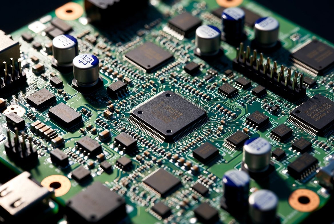 Close-up of a circuit board with surface-mount ICs, capacitors and inductors — typical board-level power-rail repair work