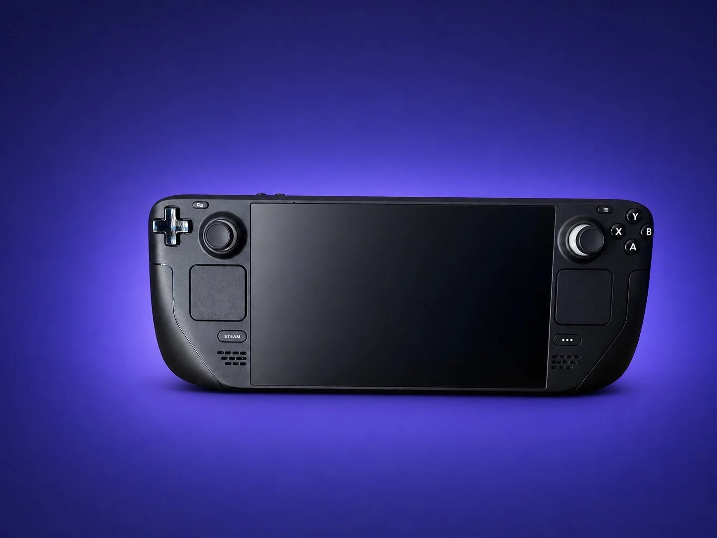 Steam Deck handheld gaming system against a violet background