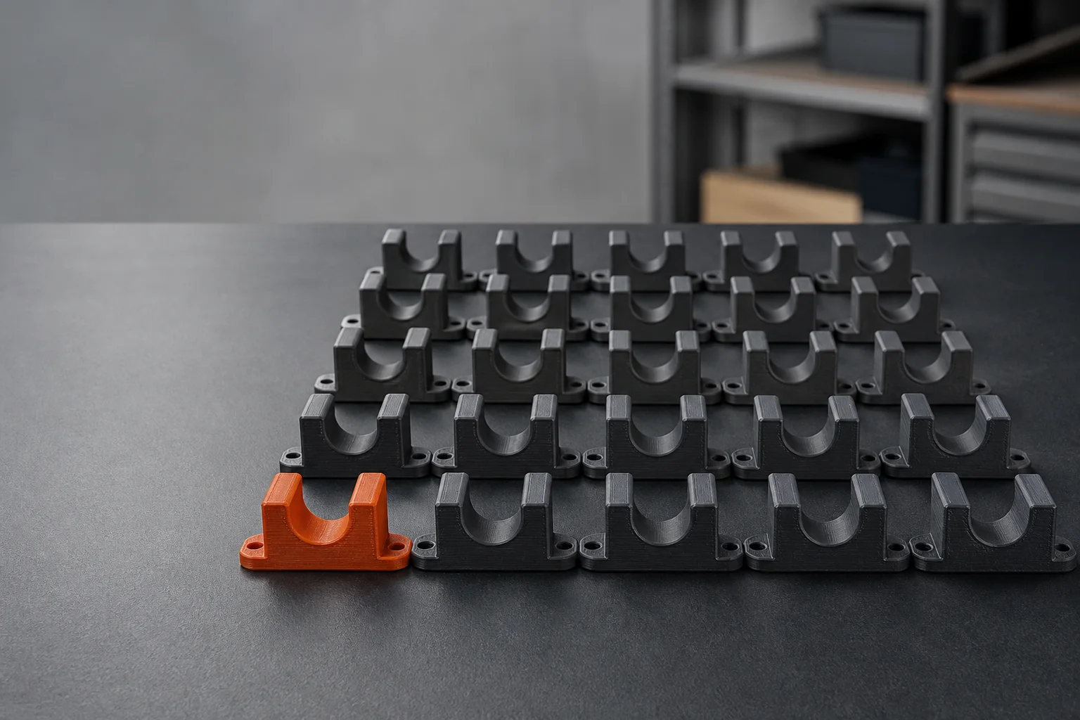Rows of identical FDM printed mounting clips with one orange approved reference part