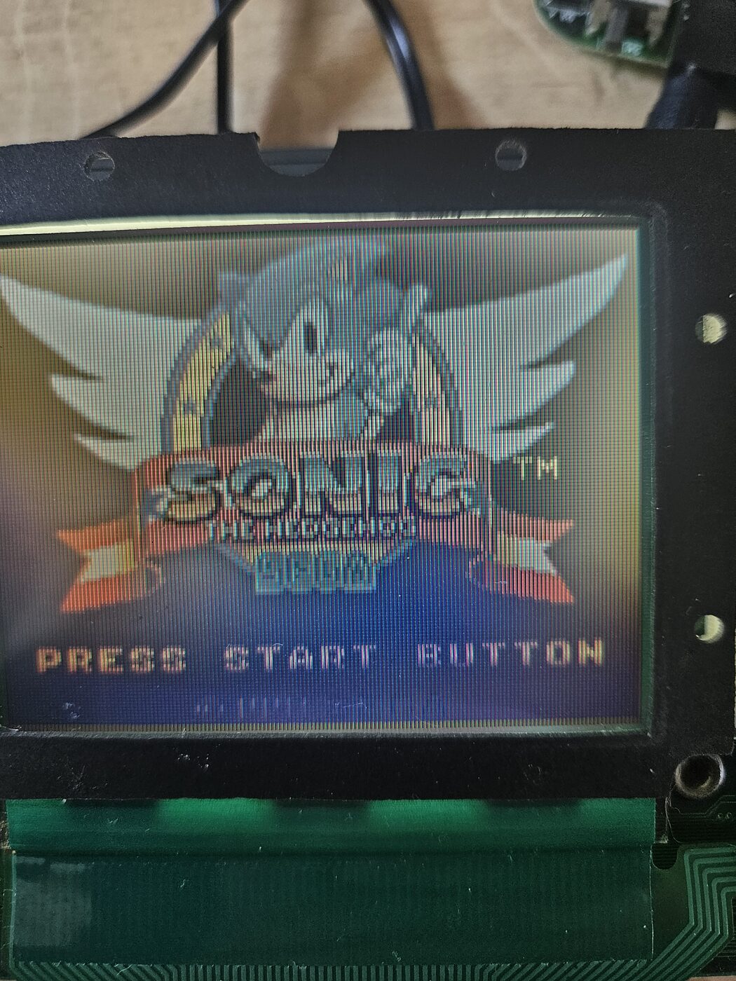 Sonic the Hedgehog title screen on the repaired Game Gear