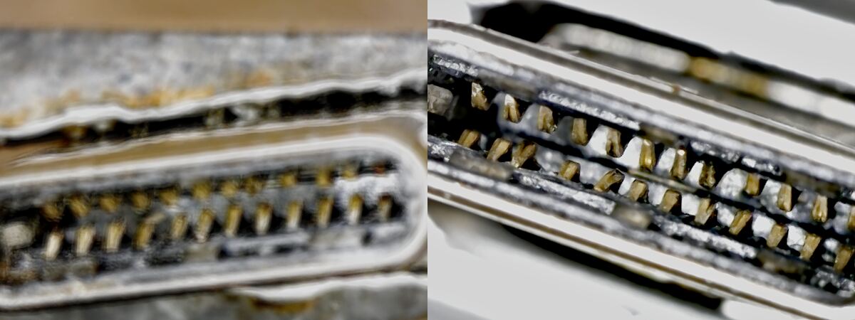 Two close-ups inside the Lexar plug: on the left the contacts out of line, on the right after straightening