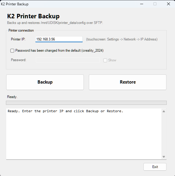 K2 Printer Backup window: printer IP field, Backup and Restore buttons, status log.